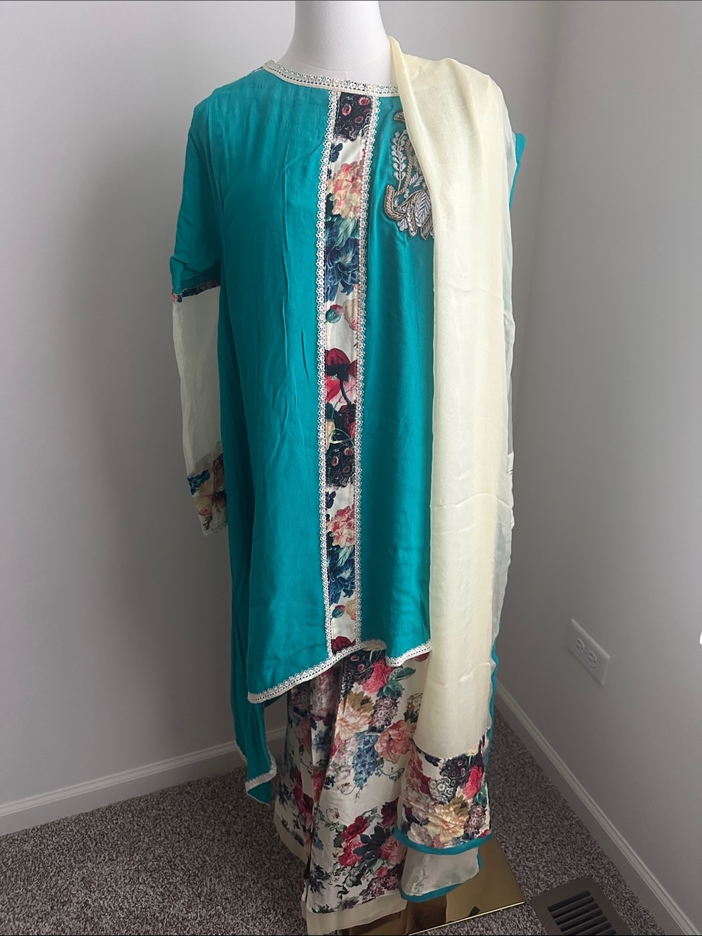 Teal Floral Embroidered Pakistani/Indian outfit with palazzo and Cream Dupatta